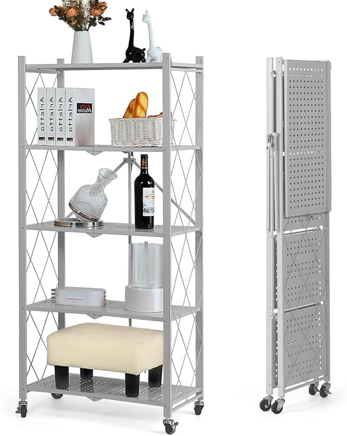 BRIAN & DANY 5-Tier Foldable Storage Shelves with Wheels, Folding Metal Rack Shelving Unit, Heavy Duty No Assembly Organizer Shelf for Garage, Kitchen, Basement, Pantry, Gray - Image 4