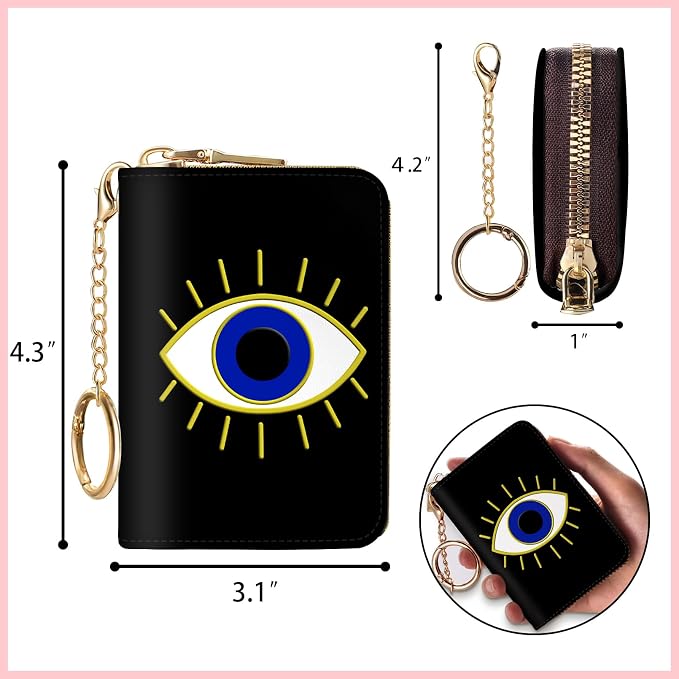 Blusabaca RFID Credit Card Holder Small Women Travel Wallet, Evil Eye | Removable Keychain, Case with Zipper, Vegan PU Leather, Cash Coin Pocket, Business Accordion Purse, Ladies Female Gift - Image 4
