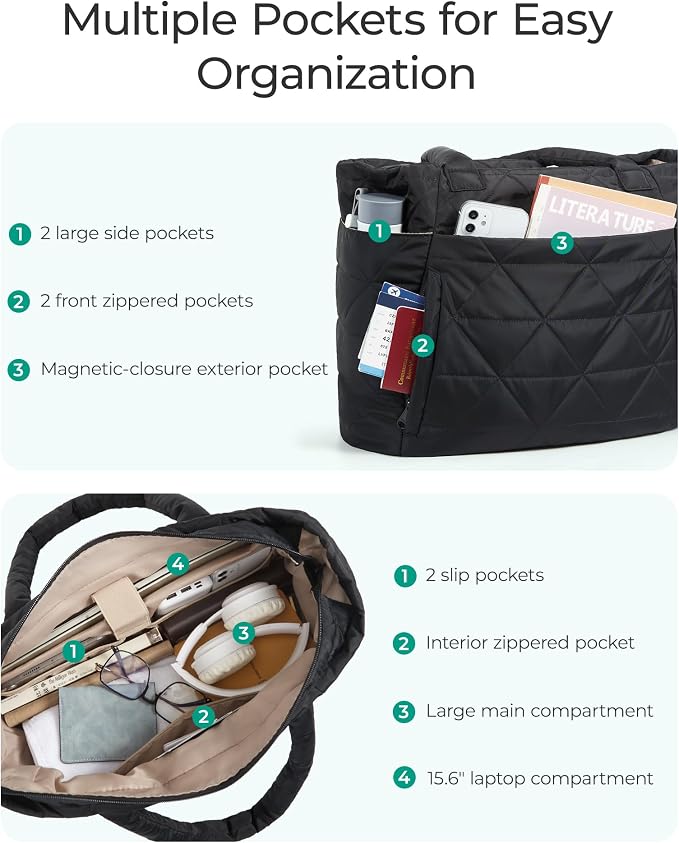 BAGSMART Tote Bag for Women, Puffer Tote Bag with Zipper, Large Quilted Shoulder Bag with Compartments for Travel, Work, Gym - Image 5