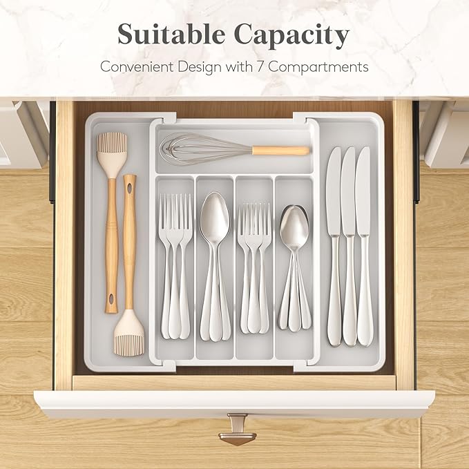 Lifewit Expandable Silverware Drawer Organizer, Kitchen Utensil Tray | BPA-free Plastic Flatware Cutlery Holder, Space-Saving Storage for Spoons Forks Knives, 8.5-14 x 12 x 1.5“, White - Image 3