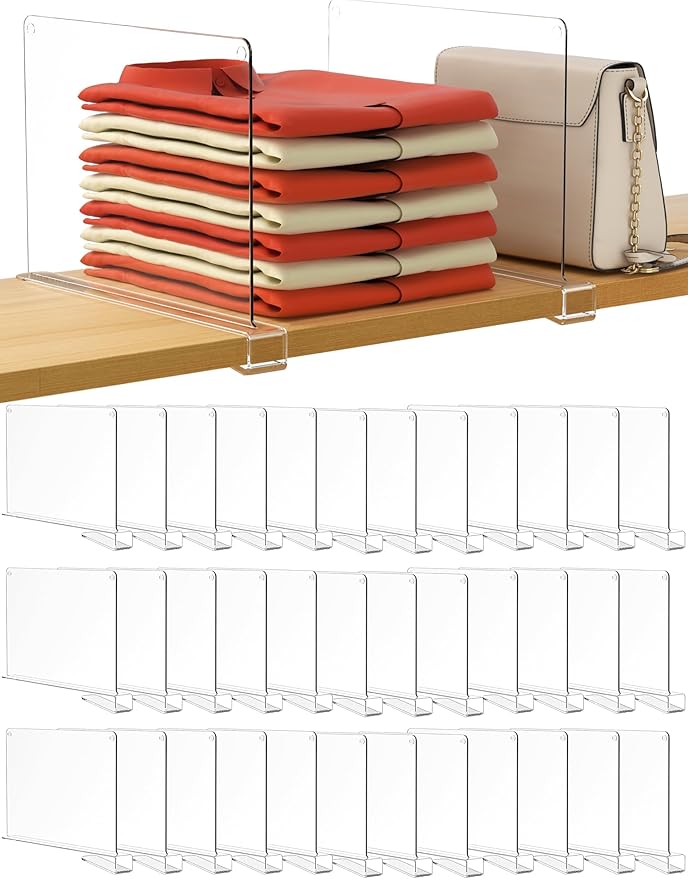 HBlife 36 Pack Clear Shelf Dividers, Vertical Purse Organizer for Closet Perfect for Sweater, Shirts, Handbags in Bedroom and Kitchen, Adjustable Acrylic Bookshelf for Organization by HBlife