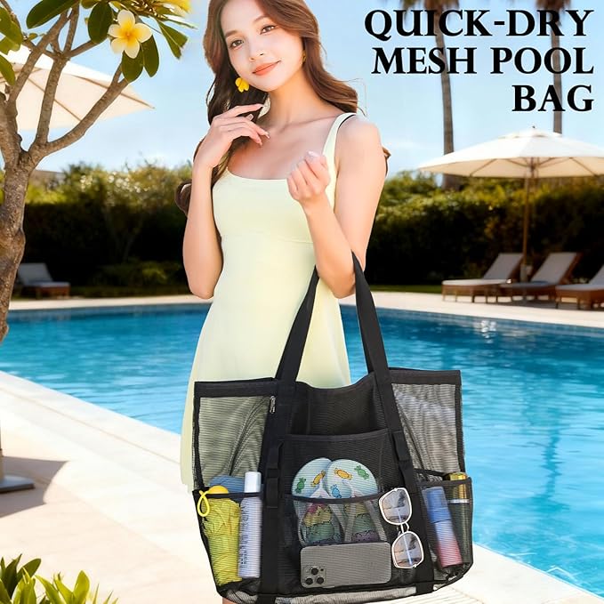 Fammart Mesh Beach Bag for Women, Large Beach Toy Pool Bag with Zipper Pocket, SandProof Cruise Essentials 2026 Family Travel - Image 2