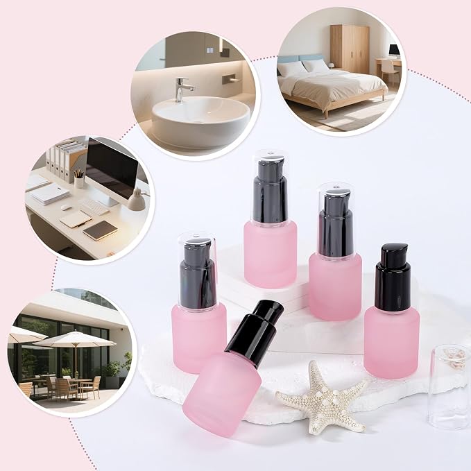 Segbeauty 0.5oz Frosted Glass Lotion Pump Bottles, 5pcs Refillable Empty Travel Size Bottles for Lotions, 15ml Pink Glass Small Travel Containers for Creams, Mini Hair Oil Bottle Pump Dispenser - Image 6