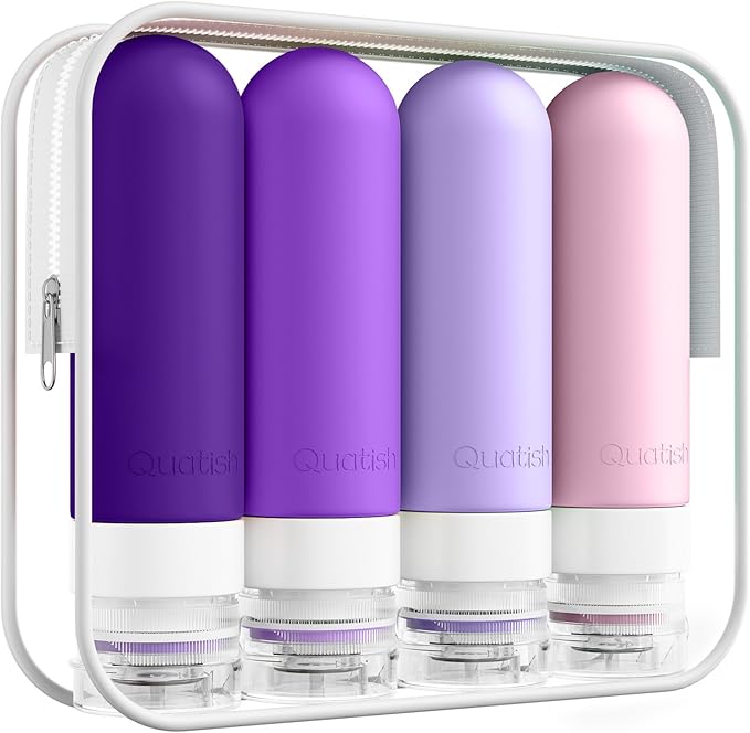 Quatish Travel Bottles for Toiletries, Original Patented Leak Proof Travel Size Containers, 3 oz Tsa Approved Silicone Shampoo and Conditioner Bottles, 4 Pack,，Purple by Quatish