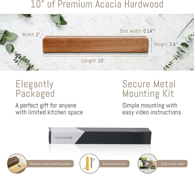 Premium 10 inch Magnetic Knife Holder for Wall with 2x Storage & Charming Wood - Knife Magnetic Strip, Under Cabinet Magnet Knives Storage - Magnet Strip Rack Kitchen Utensil Holder Organizer Tool - Image 3