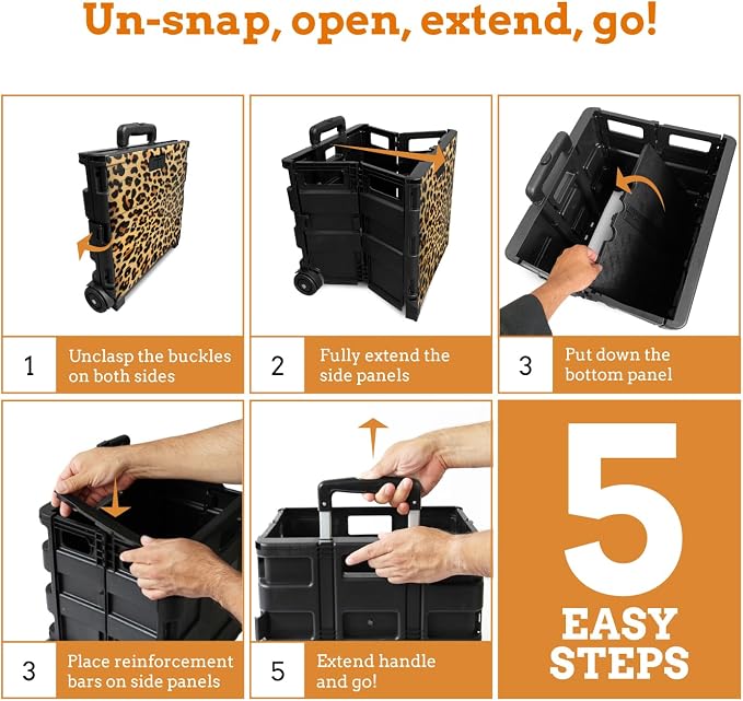 Inspired Living Ultra-Slim Rolling Collapsible Storage Pack-N-Roll Utility-carts, with Telescopic Handle, for Home, Garden, Shopping, Office, School use, Large, Leopard - Image 7