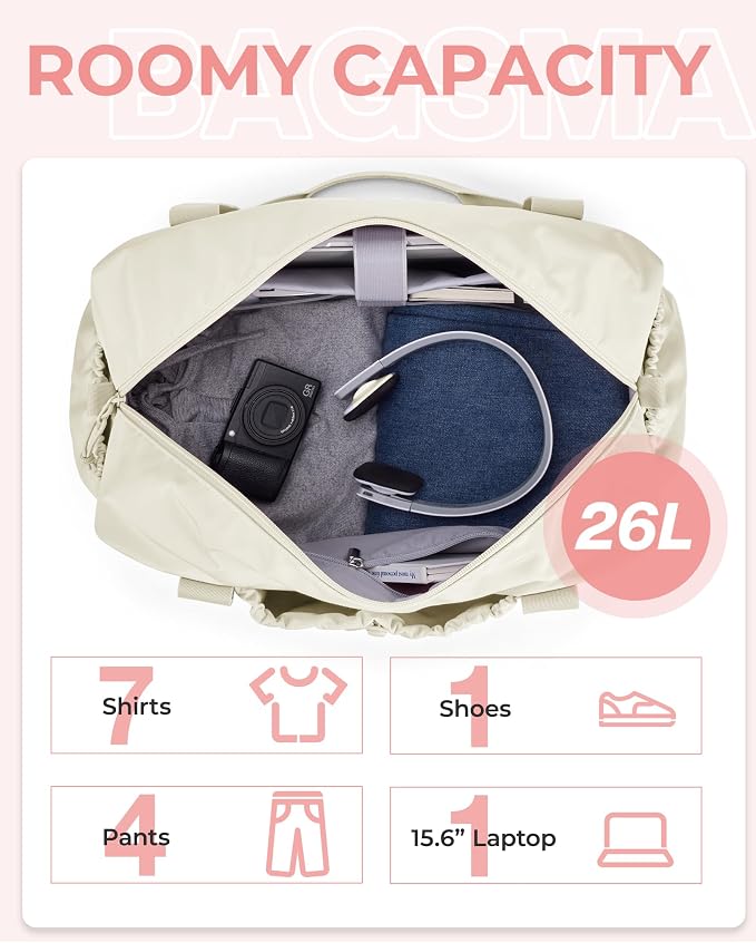 BAGSMART Weekender Duffle Bag with Shoes Bag, Travel Essentials, Beige | 26L Airport Carry On Overnight Gym Tote Bag for Sports and Travel Essentials, unfoldable - Image 4
