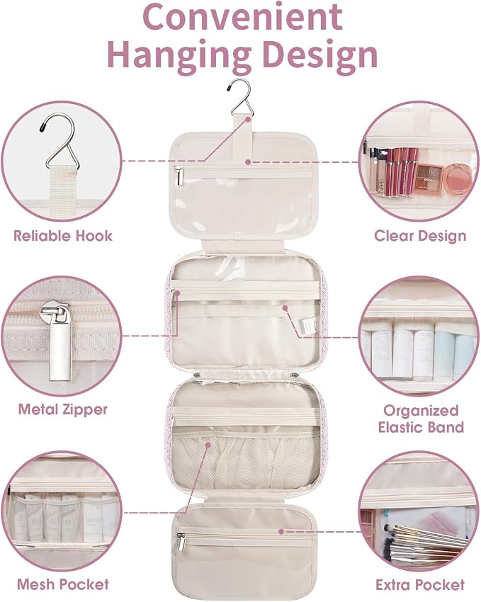 Narwey Travel Toiletry Bag for Women Large Hanging Makeup Bag Organizer Toiletries Bag for Full Size Essentials Accessories Cosmetics (Pink Flower Buds (Large)) - Image 7