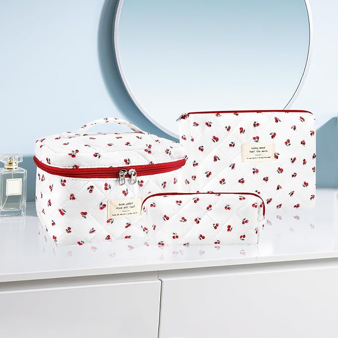URSKYTOUS 3Pc Cotton Quilted Makeup Bag for Women Extra Large Coquette Small Floral Travel Cosmetic Bag Set Cute Cherry Makeup Pouch Portable Toiletry Bag Organizer Vintage Puffy Essential Storage Bag - Image 7