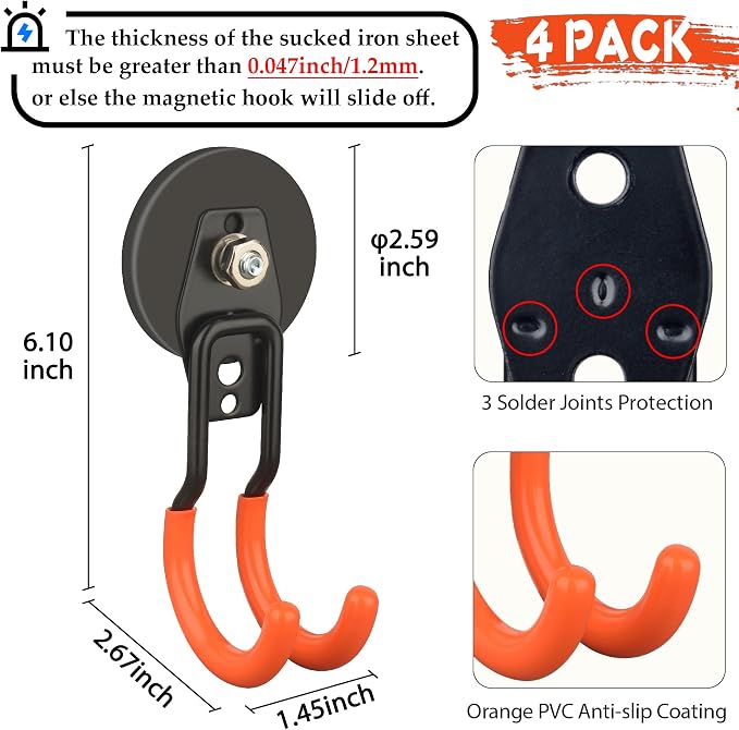 ULIBERMAGNET New Upgraded Garage Strong Magnetic Hooks, 4 Pack Heavy Duty Large J Hooks with Magnet, Anti-Slip Coating Magnet Hooks for Garden Tools, Ropes,Drill - Image 2