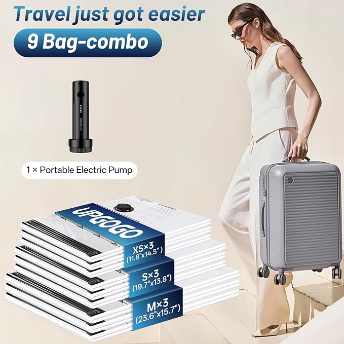 UPGOGO Travel Vacuum Bags for Luggage with Portable Electric Pump,Vacuum Seal Bags for Clothing,Packing Cubes Compression,Cruise Ship and Travel Essentials(Combo 9 Pack) - Image 2