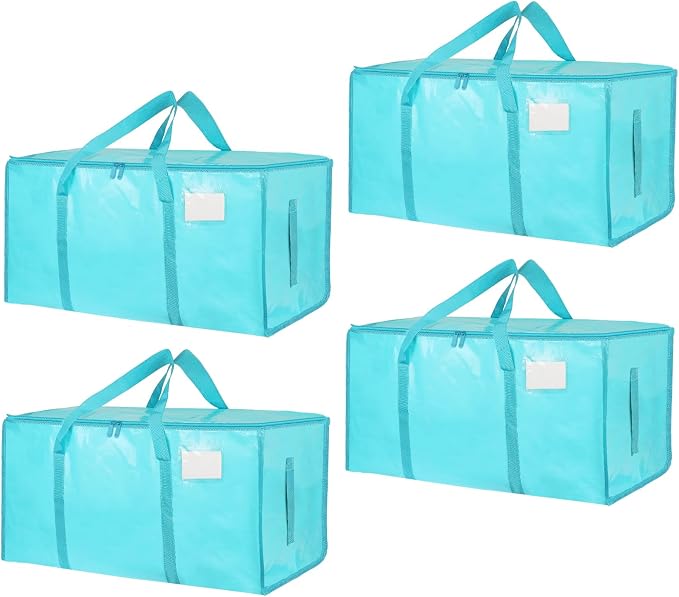 4 Pack-Extra Large Heavy Duty Moving Bags - Waterproof Storage Totes with Handles & Zippers, Foldable for College Dorm, Storage (lake blue) by Unknown