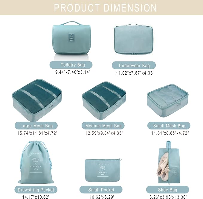 Packing Cubes, 8 Pcs Travel Packing Organizers for Suitcases, Large Capacity Travel Luggage Organizers Set includes 8 Storage Bags, (Light Blue) - Image 2