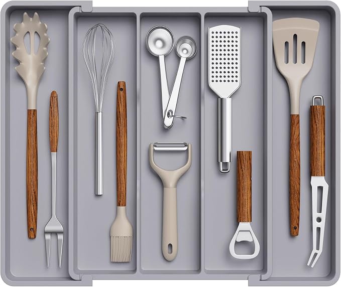 Lifewit Utensil Organizer for Kitchen Drawers, Expandable Utensil Tray | Adjustable Cooking Cutlery Silverware Flatware Holder, Plastic Spatula Tools Storage Divider, 11-18 x 14", Gray by Lifewit