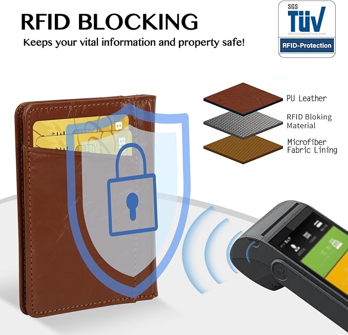 Unaone Slim Minimalist Wallet - Premium Leather Card Holder RFID Blocking Card Case with 8 Card Slots and 2 ID Window, Crackle Brown - Image 4