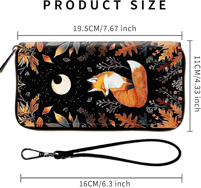 Wallet,Leather Long Wallet Suitable For Ladies And Teenagers - Detachable Wristband + RFID Travel Wallet With Card Slot - Cute Fox Moon with Plants - Image 2