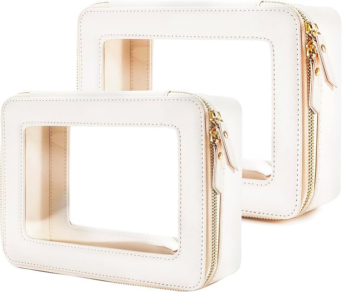 Aveniee Clear Makeup Bag Organizer Set,Portable Travel Toiletry Case for Women, Vegan Leather Cosmetic Pouch Car Bag for Essentials 2pcs,Middle & Large,Beige by Aveniee