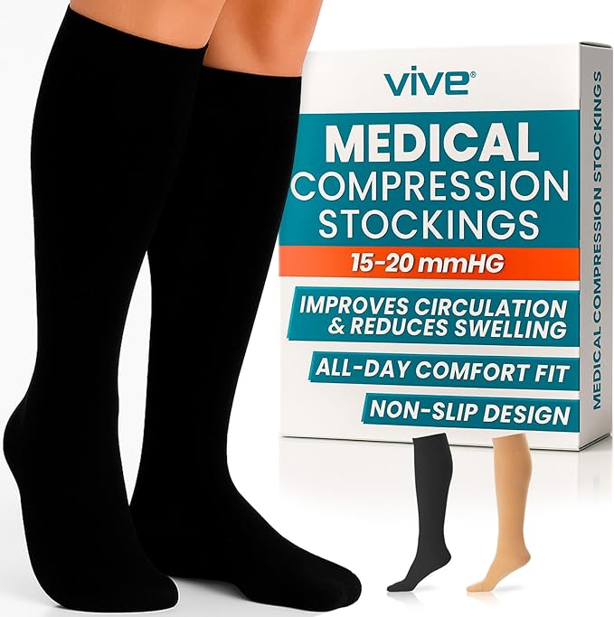 Vive Knee High Compression Socks for Women & Men – 15-20mmHg Medical | Support Stockings for Varicose Veins, Swelling, Soreness & Airplane Travel – Breathable TED Hose for Legs & Feet by Vive