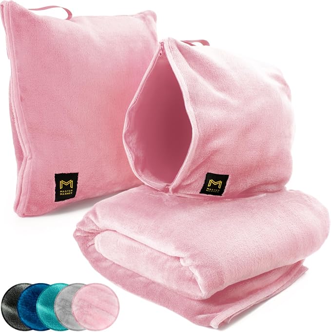 Travel Blanket Airplane Compact with Hoodie – 2in1 Airplane Travel Accessories from Plane Blanket to Travel Pillow with Luggage Strap, Soft Handle & Secure Pocket (Light Pink, 62x41'') | 300 GSM fleece airplane blanket; attached hoodie doubles as its s... by MasterManner