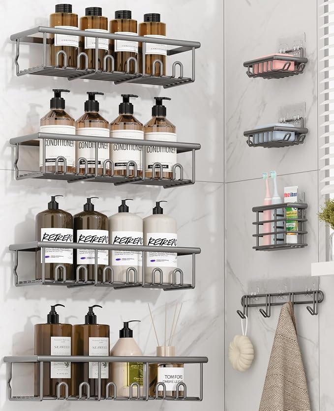 8 Pack Adhesive Rustproof Shower Caddy with Soap Dishes, Toothbrush Holder & Hooks, Large Capacity No-Drilling Shower Shelves Rack for Bathroom Organizers and Storage Accessories, Dark Gray by Unknown