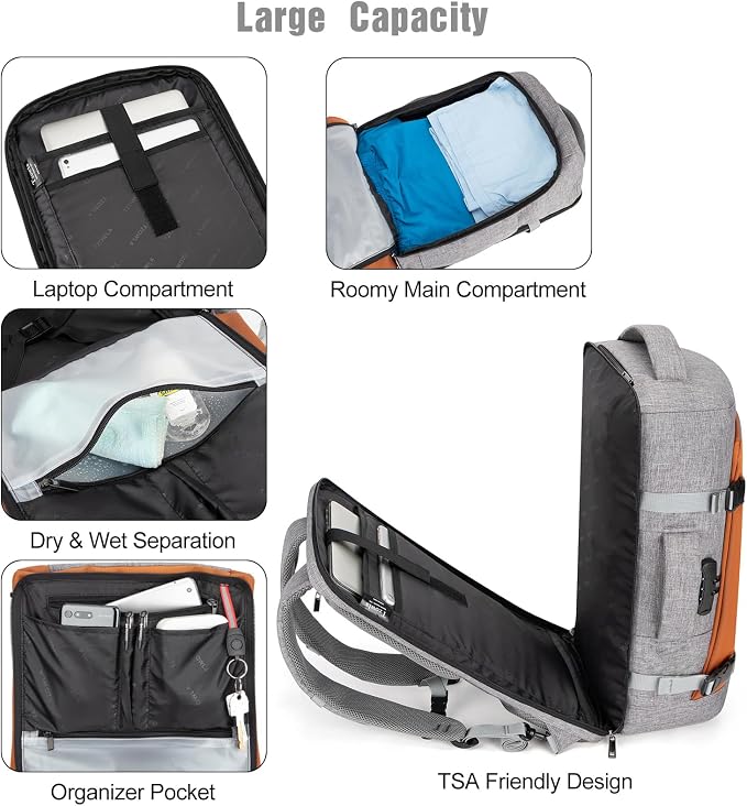 Tzowla 40L Expandable Travel Laptop Backpack for Men Women Carry on Flight Approved,Large Capacity Anti Theft Backpacks with Giant Tumbler Holder Pocket,Personal Item Bag Fit 17.3" Computer（Grey - Image 3