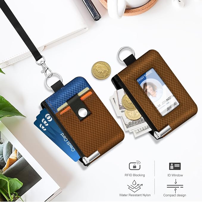 Minimalist RFID Blocking Small Wallet with ID Window,WaterResistant Zip Id Case Wallet with Lanyard Keychain for Cards,Cash,Travel,Women,Men (Brown/Electric Blue) - Image 8