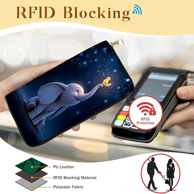 Women's RFID Blocking PU Leather Zip-Around Wallet, Large Capacity Clutch with Phone Holder, Travel Purse & Card Organizer with Removable Wristlet,Starry Sky Elephant Bird - Image 2