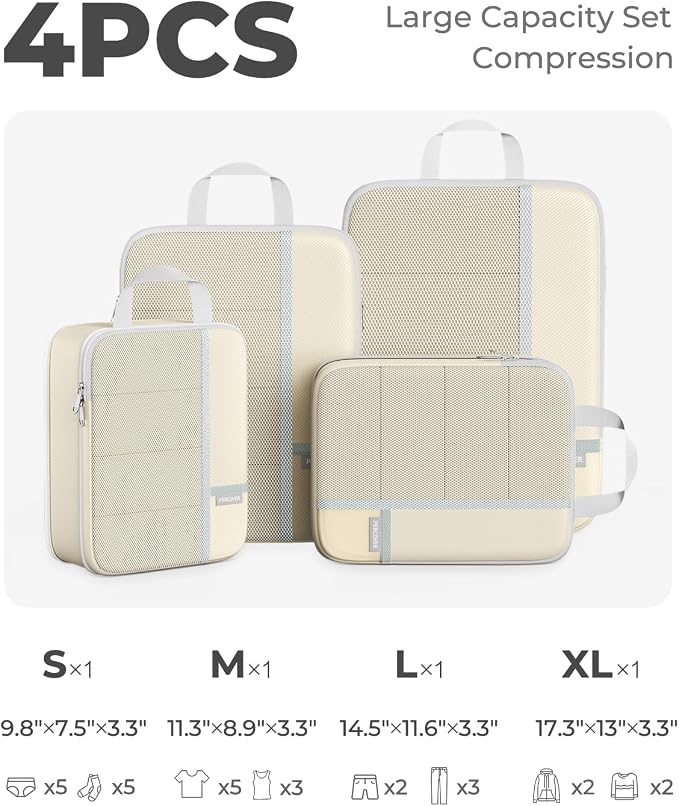 Percover Compression Packing Cubes for Travel, 4-Piece Structured Compression Organizer Set with Label Pockets for Carry-On & Checked Luggage, Beige - Image 2