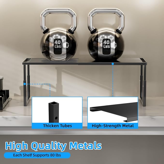 Cabinet Shelves, 4 Pack Stackable Shelves for Pantry Storage | Expandable & Height Adjustable Cabinet Organizer Shelf | Metal Shelf Organizer | Black Spice Rack for Pantry Storage - Image 3
