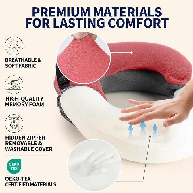 Kids Travel Pillows for Airplane, Memory Foam 360° Head Support Sleeping Essentials for Girls Long Flight, Skin-Friendly Soft Neck Pillow for Traveling in Car Seat, (Small, Pink Grey, 40-90 lbs) - Image 4