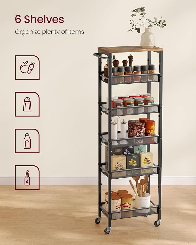 VASAGLE 6-Tier Slim Rolling Storage Cart, Narrow Kitchen Cart with Wheels, Utility Organizer, 17.9 x 8.7 x 51.7 Inch, for Bathroom Pantry, Rustic Brown and Matte Black, Dacey Collection ULRC039K101 - Image 5