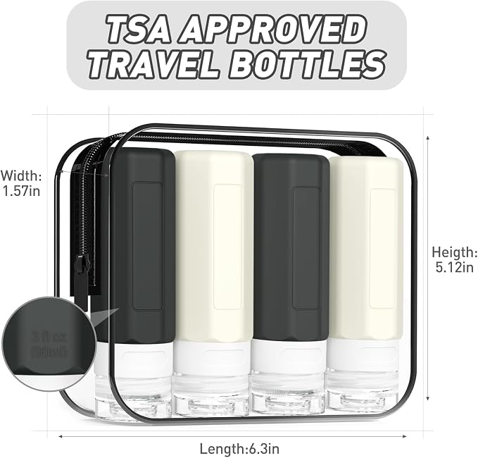 Redfly Travel Bottles for Toiletries, Tsa Approved 3oz Travel Size Containers, Leak Proof Travel Size Toiletries Bottles Silicone, BPA Free Refillable Shampoo Conditioners Essentials Kit, Black&White - Image 5