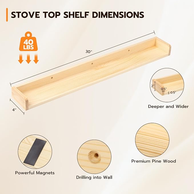 Fun Memories Stove Top Shelf, 30" Magnetic Shelf for Kitchen Stove, Pine Wood Stove Shelf, Wall Mounted Shelf for Home Storage Organization, Heat and Pressure Resistant, 1pcs, Natural - Image 3