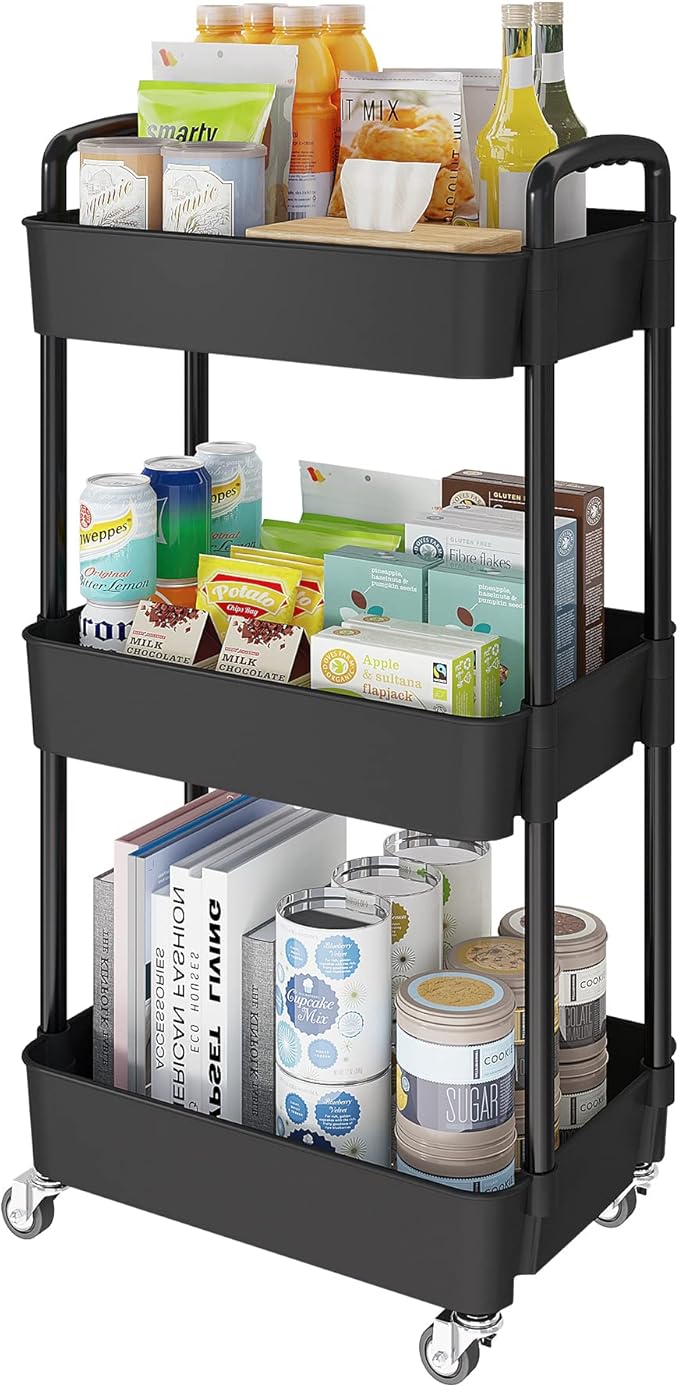 Laiensia 3-Tier Storage Carts,Multifunction Utility Rolling Cart Kitchen Storage Organizer,Mobile Shelving Unit Cart with Lockable Wheels for Bathroom,Laundry,Living Room,With Classified Sticker,Black by Laiensia
