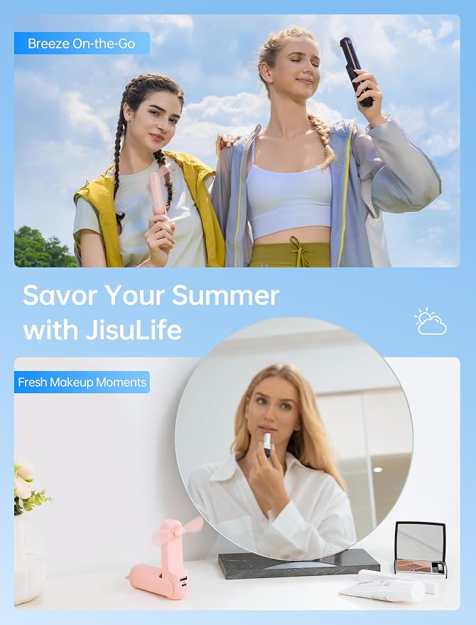 JISULIFE 3 IN 1 Portable Fan with Power Bank & Flashlight Featured | 19H Max Cooling, USB Rechargeable, Pocket-Sized Handheld Fan for Travel, Cruise, Concerts, Makeup, Summer Gifts for Women - Image 6