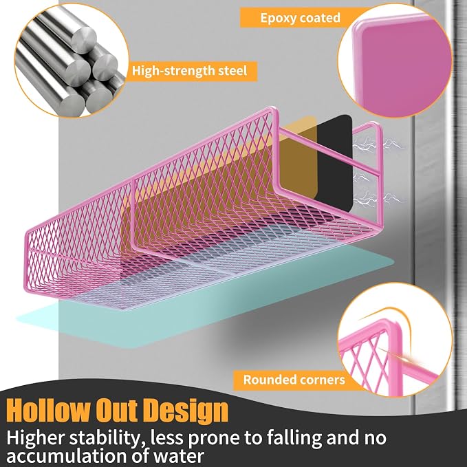 Magnetic Spice Rack for Refrigerator, 6 Pack Metal Magnetic Shelf Pink, Moveable Spice Organizer, Strong Magnetic Storage Fridge Organizer with Paper Towel Holder, Utensils Holder - Image 5