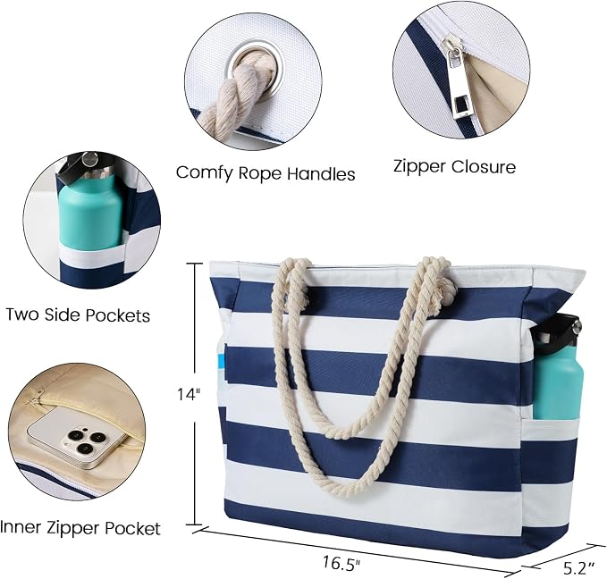 Clothirily Beach Bag for Women, Large Beach Tote Bag Waterproof with Zipper | Large Capacity Swim Pool Bag, Inner Pockets, Sandproof Foldable Beach Tote for Travel Essentials - Image 4