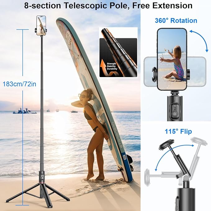 72" Phone Tripod & Selfie Stick - Tripod for iPhone Cell Phone Tripod Stand Holder w Cold Shoe Mount, Portable Travel Tripods for iPhone 16 15 14 13 Pro Max Android Video Recording Vlog - Image 3