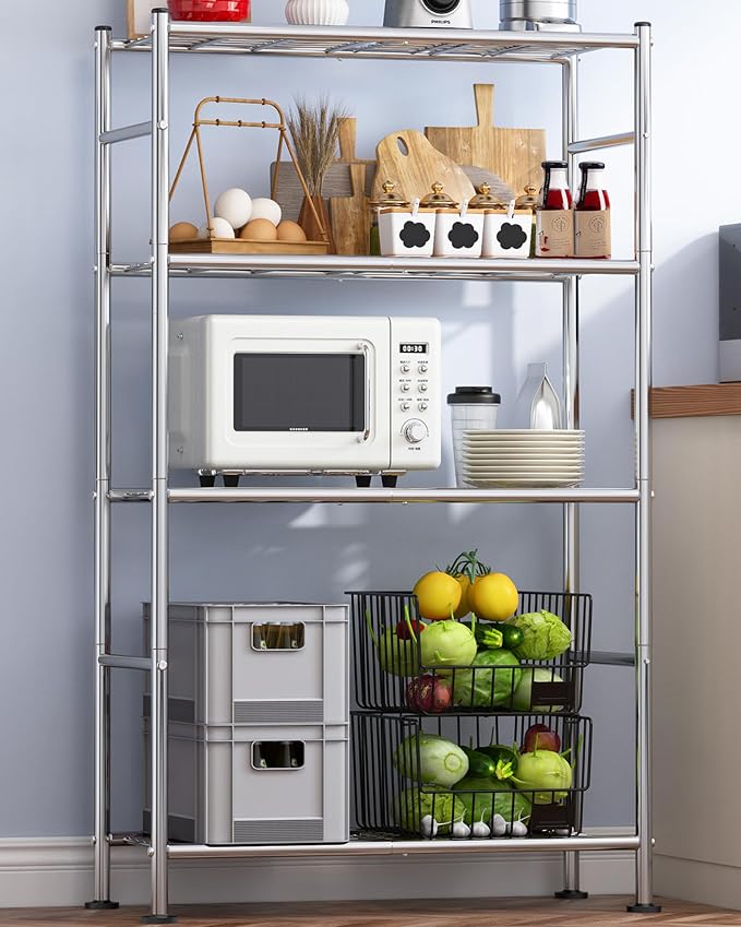 Sakugi Storage Shelves - 4 Tier Shelf Organizer, Heavy Duty Garage Shelving Unit with Leveling Feet, Stable Metal Shelves Organizer for Pantry, Kitchen and Closet, 33.0" W x 12.6" D x 57.2" H, Silver by Sakugi