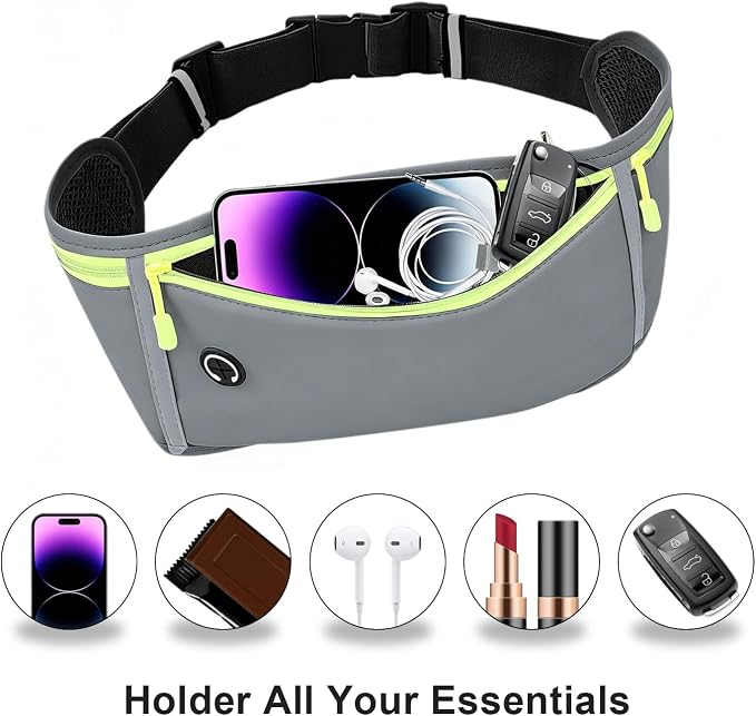 Slim Running Belt for Women Men,Runners Fanny Pack Phone Holder,Money Belt,Running Gear Accessories,with 3 Pockets (Green-gray) - Image 3
