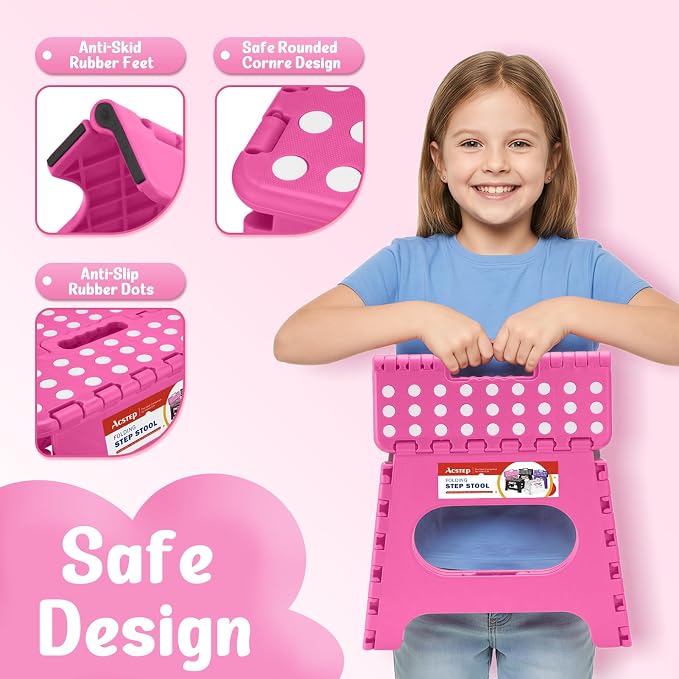 11" Folding Step Stool for Kids and Adults, Holds 300 lb, Rose red | Heavy Duty Collapsible Foot Stool, Lightweight with Built-in Handle, Non-Slip for Adults Kitchen Bathroom Bedroom Outdoor - Image 3