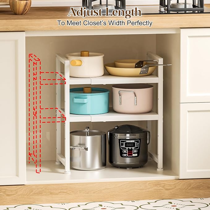 2-Tier Expandable Kitchen Storage Shelf,150LBS Heavy Duty Metal Shelving Units For Small Appliance,Adjustable Pots and Pans Organizer Rack Shelves For Kitchen Counter Under Cabinet Garage Pantry,White - Image 5