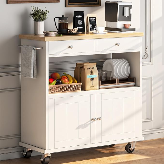 knoworld Rolling Kitchen Island with Storage Cabinet, 35.4'' Width Kitchen Cart, 2 Drawers Island Table, Portable Mobile Kitchen Island with Towel Rack, Wood Top and Lockable Wheels, White - Image 2