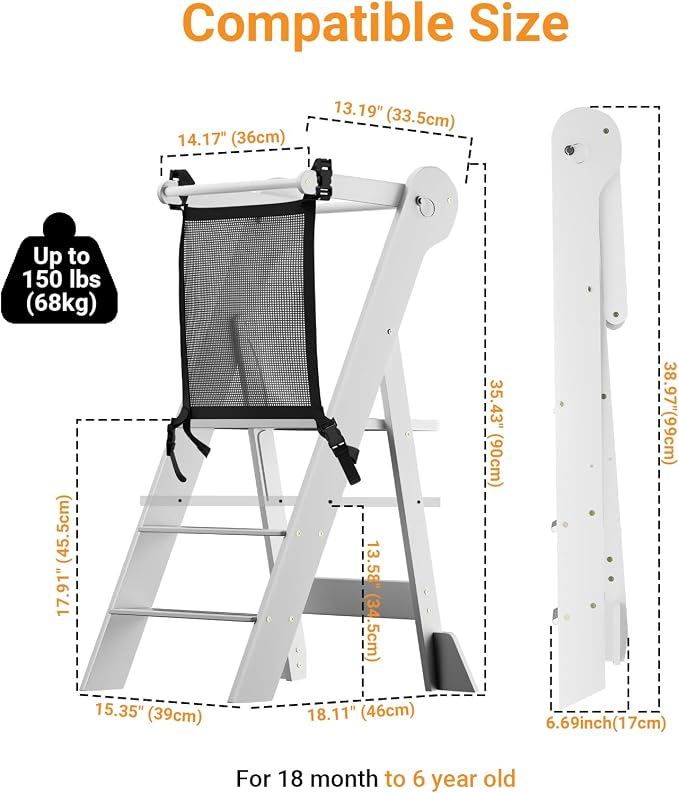 COSYLAND Foldable Toddler Kitchen Stool Helper - Height Adjustable Kitchen Standing Tower for Bathroom Sink or Counter - Step Stool for Toddlers Ages 18 Months to 6 Years White - Image 6
