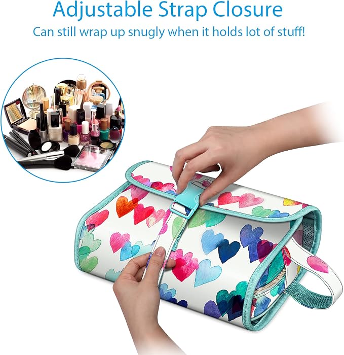 FINTIE Portable Toiletry Cosmetic Travel Bag Hanging Makeup Organizer | Large Water Resistant Storage Pouch Case, For Women Girls, Raining Hearts - Image 3