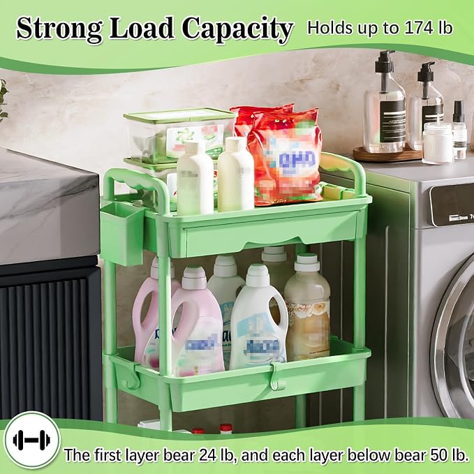 SUNALLY 3 Tier Rolling Cart with Drawer, Craft Storage Cart Organizer,Green | Bathroom Storage Organizer with 2 Lockable Wheels, Rolling Utility Cart for Kitchen, Office, Baby, Makeup, Nail,Snack,Laundry - Image 5