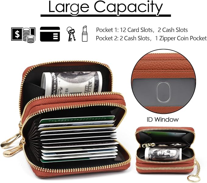 imeetu RFID Credit Card Holder, Small Card Wallet Women, Leather Card Case | Genuine Leather Women's Card & id Cases, Change Coin Purse with Zipper Keychain id Window, 20 Colors & 3 Styles, Daily, Gifts - Image 3
