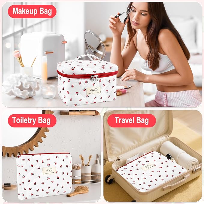 URSKYTOUS 3Pc Cotton Quilted Makeup Bag for Women Extra Large Coquette Small Floral Travel Cosmetic Bag Set Cute Cherry Makeup Pouch Portable Toiletry Bag Organizer Vintage Puffy Essential Storage Bag - Image 4