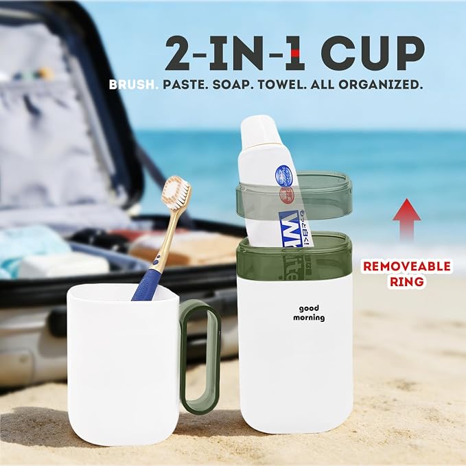 Travel Toothbrush Holder Case,Toothbrush Holder and Rinse Cup with Handle Toothbrush Travel Case, 2 in 1 Toothbrush Cup,Large Capacit Travel Toothbrush Holder with Mouthwash Cup-Green - Image 8