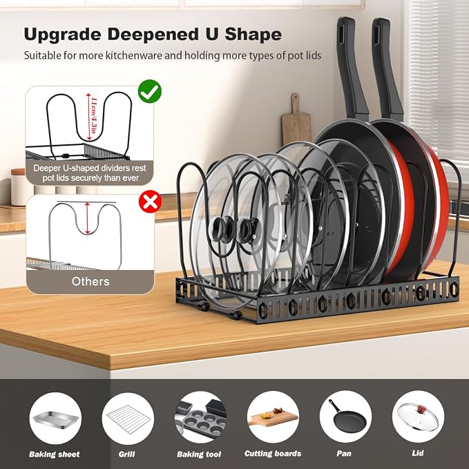 Housolution Pot and Pan Lid Organizer Holder Storage Rack, Black | 7 Adjustable Dividers, Sturdy Metal Construction, Easy Assembly - Image 2